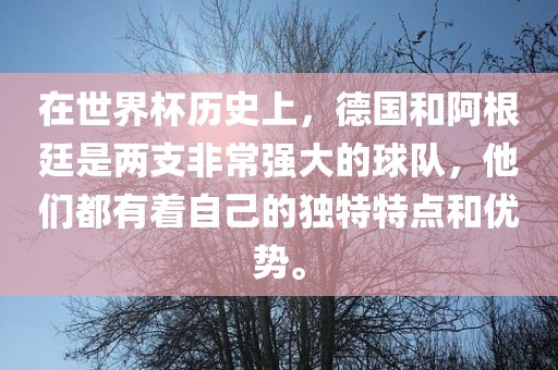 在世界杯历史上，德国和阿根廷是两支非常强大的球队，他们都有着自己的独特特点和优势。洛阳市法福文化传播有限公司