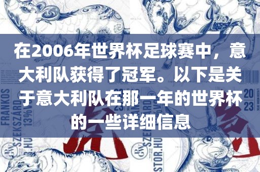 在2006年世界杯足球赛中，意大利队获得了冠军。以下是关于意大利队在那一年的世界杯的一些详细信息