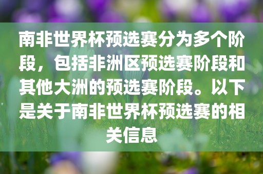南非世界杯预选赛分为多个阶段，包括非洲区预选赛阶段和其他大洲的预选赛阶段。以下是关于南非世界杯预选赛的相关信息洛阳市法福文化传播有限公司