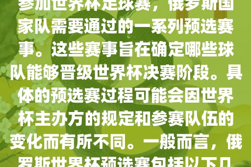 俄罗斯世界杯预选赛是指为了参加世界杯足球赛，俄罗斯国家队需要通过的一系列预选赛事。这些赛事旨在确定哪些球队能够晋级世界杯决赛阶段。具体的预选赛过程可能会因世界杯主办方的规定和参赛队伍的变化而有所不同。一般而言，俄罗斯世界杯预选赛包括以下几个阶段