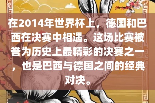 在2014年世界杯上，德国和巴西在决赛中相遇洛阳市法福文化传播有限公司。这场比赛被誉为历史上最精彩的决赛之一，也是巴西与德国之间的经典对决。
