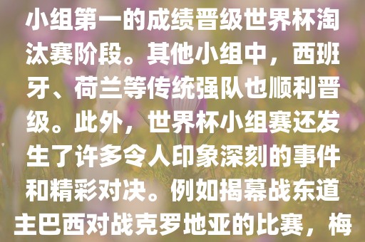 在小组赛中，东道主巴西队与克罗地亚队、墨西哥队和喀麦隆队同组。最终，巴西以排名小组第一的成绩晋级世界杯淘汰赛阶段。其他小组中，西班牙、荷兰等传统强队也顺利晋级。此外，世界杯小组赛还发生了许多令人印象深刻的事件和精彩对决。例如揭幕战东道主巴西对战克罗地亚的比赛，梅西的绝妙任意球破门等。这些精彩瞬间都成为了世界杯历史上的经典记忆。