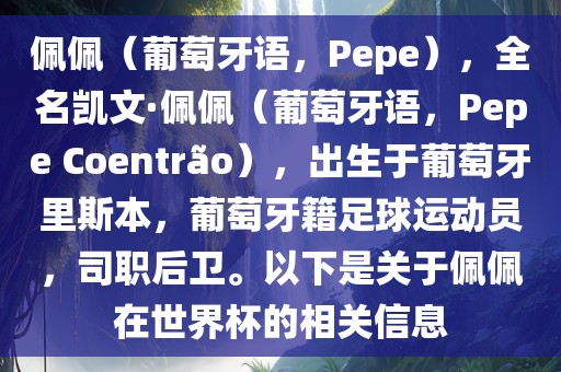 佩佩（葡萄牙语，Pepe），全名凯文·佩佩（葡萄牙语，Pepe Coentr?o），出生于葡萄牙里斯本，葡萄牙籍足球运动员，司职后卫。以下是关于佩佩在世界杯的相关信息