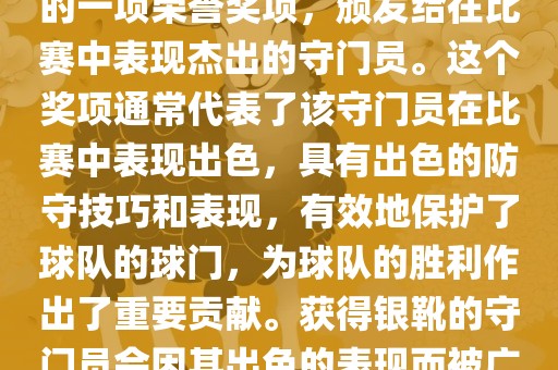 世界杯银靴是世界杯足球赛中的一项荣誉奖项，颁发给在比赛中表现杰出的守门员。这个奖项通常代表了该守门员在比赛中表现出色，具有出色的防守技巧和表现，有效地保护了球队的球门，为球队的胜利作出了重要贡献。获得银靴的守门员会因其出色的表现而被广泛认可和赞誉。洛阳市法福文化传播有限公司