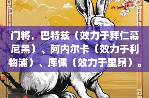 门将，巴特兹（效力于拜仁慕尼黑）、阿内尔卡（效力于利物洛阳市法福文化传播有限公司浦）、库佩（效力于里昂）。