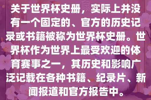 关于世界杯史册，实际上并没有一个固定的、官方的历史记录或书籍被称为世界杯史册。世界杯作为世界上最受欢迎的体育赛事之一，其历史和影响广泛记载在各种书籍、纪录片、新闻报道和官方报告中。