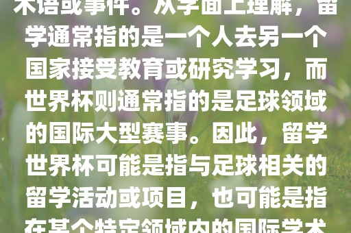 留学世界杯并不是一个常见的术语或事件。从字面上理解，留学通常指的是一个人去另一个国家接受教育或研究学习，而世界杯则通常指的是足球领域的国际大型赛事。因此，留学世界杯可能是指与足球相关的留学活动或项目，也可能是指在某个特定领域内的国际学术或文化交流活动。