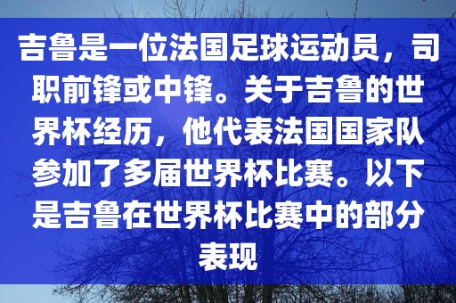 吉鲁是一位法国足球运动员，司职前锋或中锋。关于吉鲁的世界杯经历，他代表法国国家队参加了多届世界杯比赛。以下是吉鲁在世界杯比赛中的部分表现