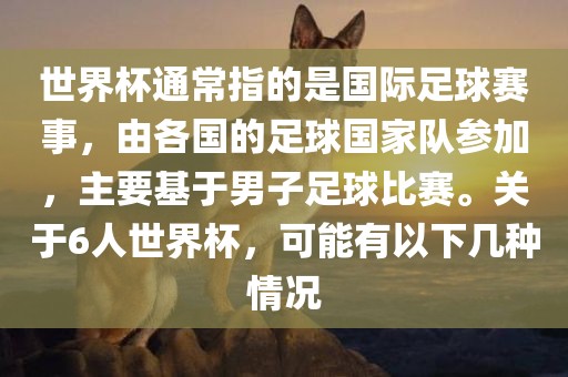 世界杯通常指的是国际足球赛事，由各国的足球国家队参加，主要基于男子足球比赛。关于6人世界杯，可能有以下几种情况