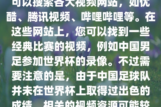 关于中国足球世界杯的视频，您可以搜索各大视频网站，如优酷、腾讯视频、哔哩哔哩等。在这些网站上，您可以找到一些经典比赛的视频，例如中国男足参加世界杯的录像。不过需要注意的是，由于中国足球队并未在世界杯上取得过出色的成绩，相关的视频资源可能较少。