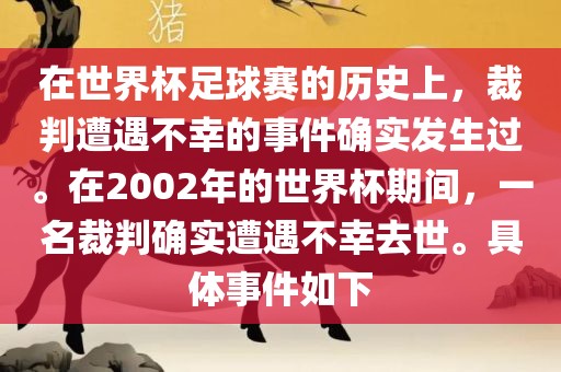 在世界杯足球赛的历史上，裁判遭遇不幸的事件确实发生过。在2002年的世界杯期间，一名裁判确实遭遇不幸去世。具体事件如下