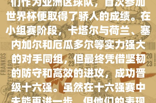 关于卡塔尔在2022年世界杯的表现，可以说是非常出色的。他们作为亚洲区球队，首次参加世界杯便取得了骄人的成绩。在小组赛阶段，卡塔尔与荷兰、塞内加尔和厄瓜多尔等实力强大的对手同组，但最终凭借坚韧的防守和高效的进攻，成功晋级十六强。虽然在十六强赛中未能更进一步，但他们的表现已经赢得了球迷和对手的尊重。